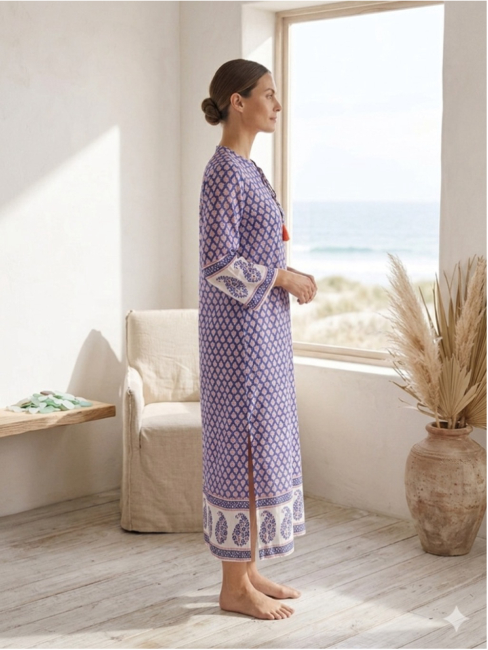 J. Crew Blue Paisley Cotton Caftan Maxi Dress Tassel Tie Boho Coastal XXXS - Picture 2 of 13